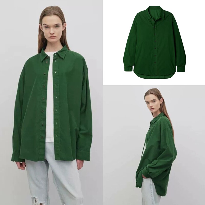 House25 Autumn and Winter Retro Green Off-Shoulder Large Profile Short Front and Long Back Layered Artifact Corduroy Long-Sleeved Shirt for Women