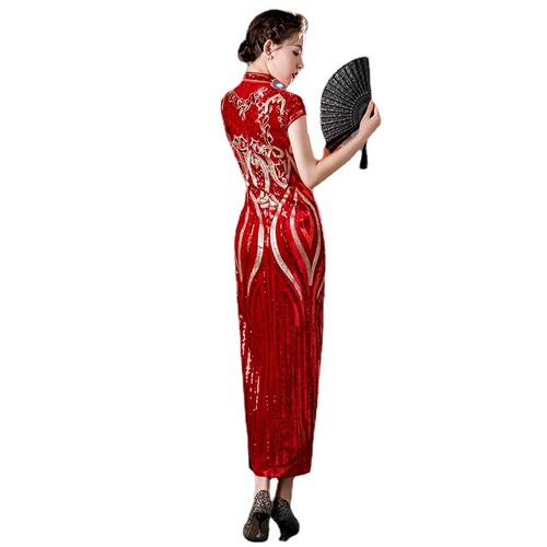 Chinese dresses velvet sequins catwalk show red cheongsam elegant improvement of restoring ancient ways qipao party host singers miss etiquette cheongsam