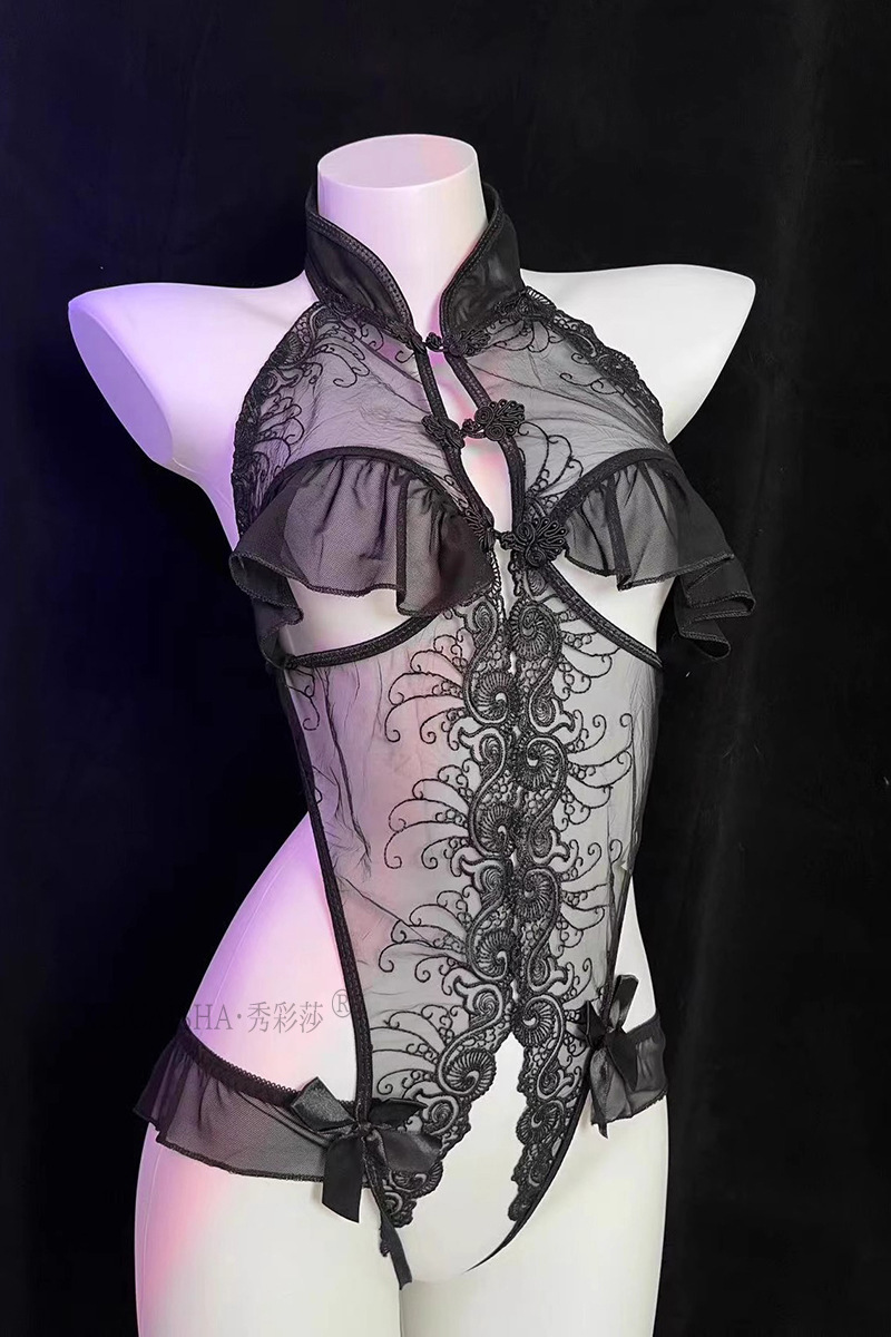 See-Through Lace Backless Babydoll Nightgown, Embroidered One-Piece Lingerie, Black with Open-Crotch Stockings — detail image 19
