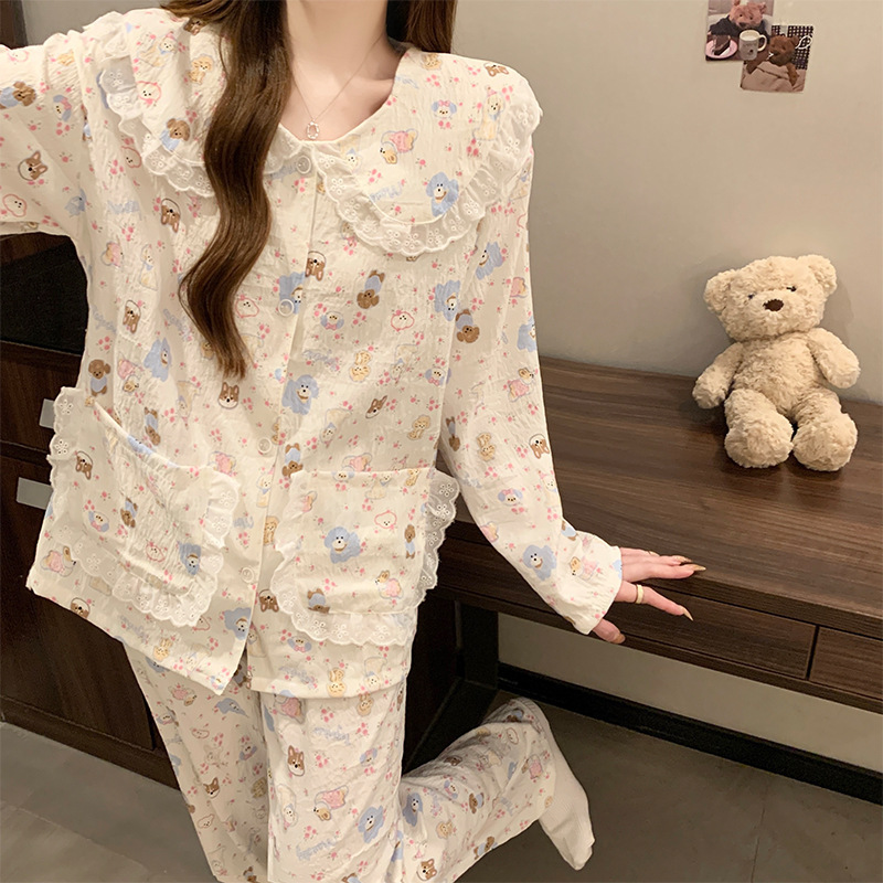 Sweet Princess Lace Doll Collar Cloud Cotton Pajamas Women Spring and Autumn Long Sleeve Cartoon Home Clothes suit Wholesale Sweet Princess Lace Doll Collar Cloud Cotton Pajamas Women Spring and Autumn Long Sleeve Cartoon Home Clothes suit Wholesale