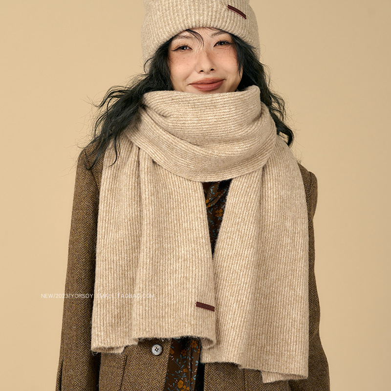 Solid color winter retro khaki knitted keep warm scarf