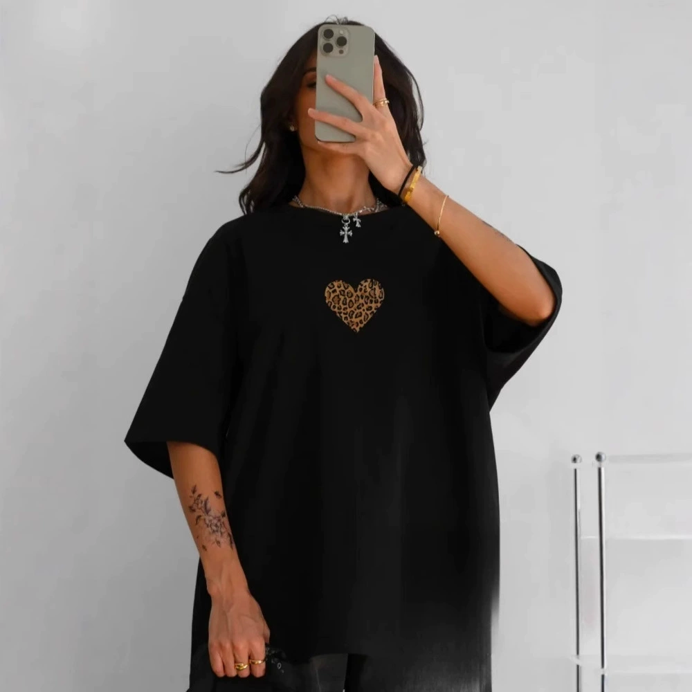 Европейская и американская внешняя торговля трансграничная амазонка хлопчатобумажная футболка с короткими рукавами женская свободная средняя длинная леопардовая любовь с принтом оригинальный топ