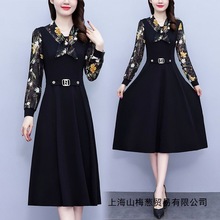 大码女装连衣裙2025秋季新款胖mm显瘦气质长袖假两件碎花裙子