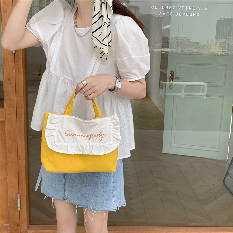 1441 Japanese and Korean chic Sweet ruffled bento Bag, Fresh embroidered hand-held small cloth bag, girl student bag wholesale undefined