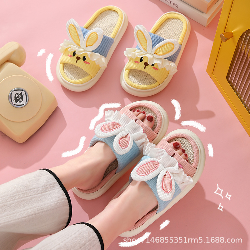 Zapatillas de lino para las mujeres primavera y otoño cuatro estaciones transpirable sudor-absorbente grueso inferior desgaste al aire libre hogar antideslizante mudo lindo conejo de dibujos animados