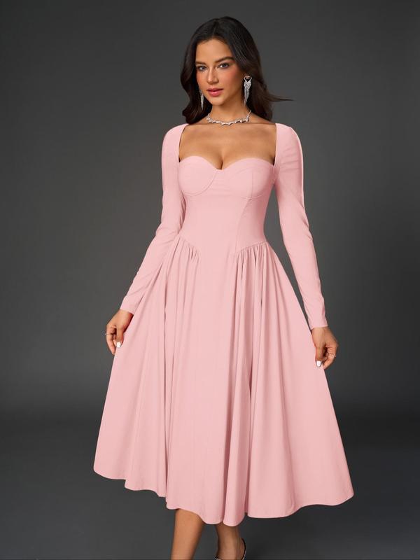 Women's Plain Ruched Tie Back Sweetheart Neck Longsleeves|undefined