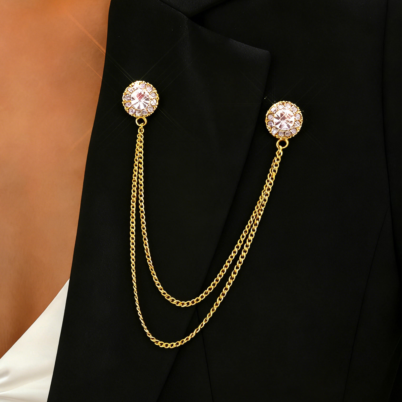 Elegant European And American Chain Brooch With Rhinestone Tassel Design, Anti-slip Clasp, Lapel Pin, Qingdao Aibella_voghion.com