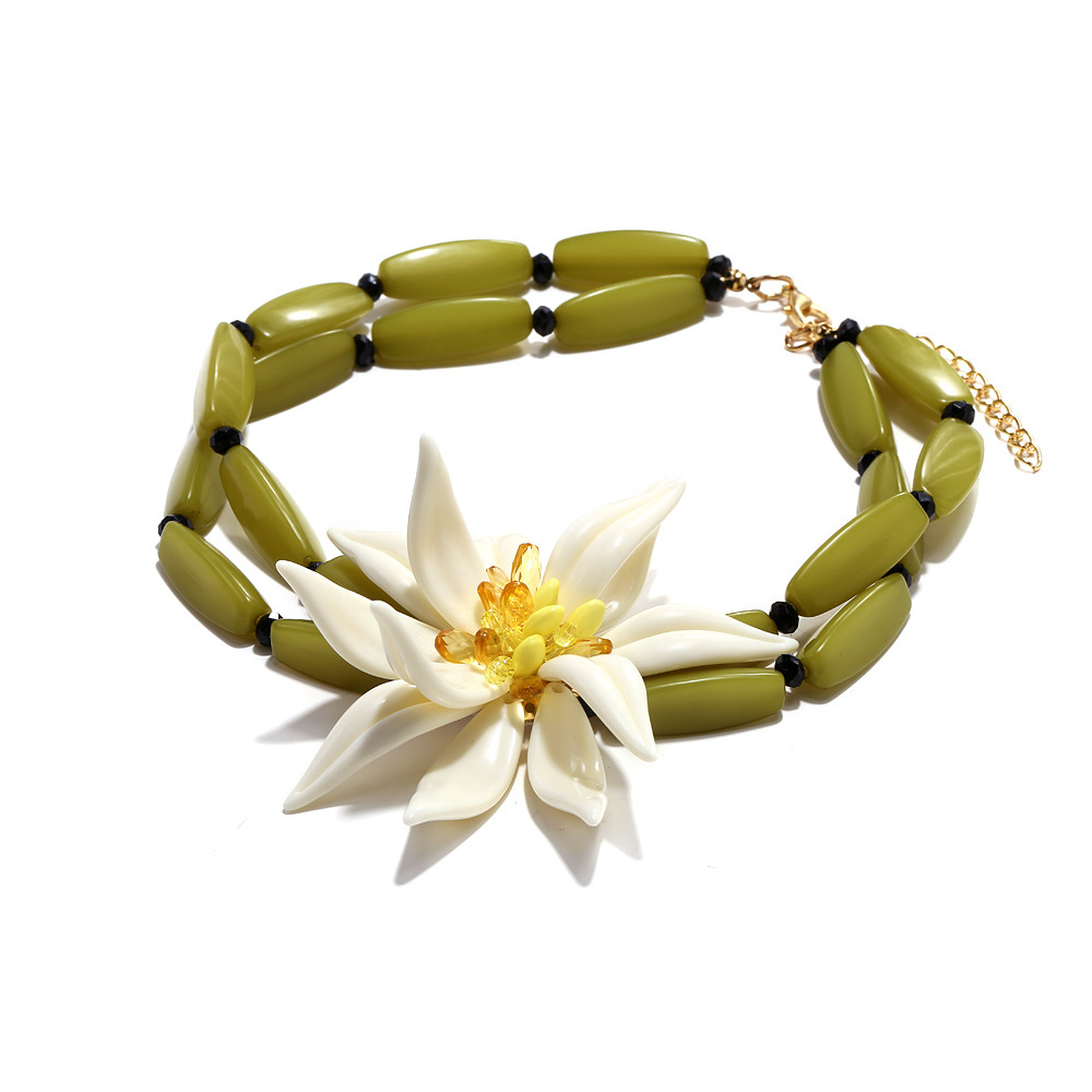Beaded Statement Necklace With Handmade Resin 3d Floral Collarbone_voghion.com