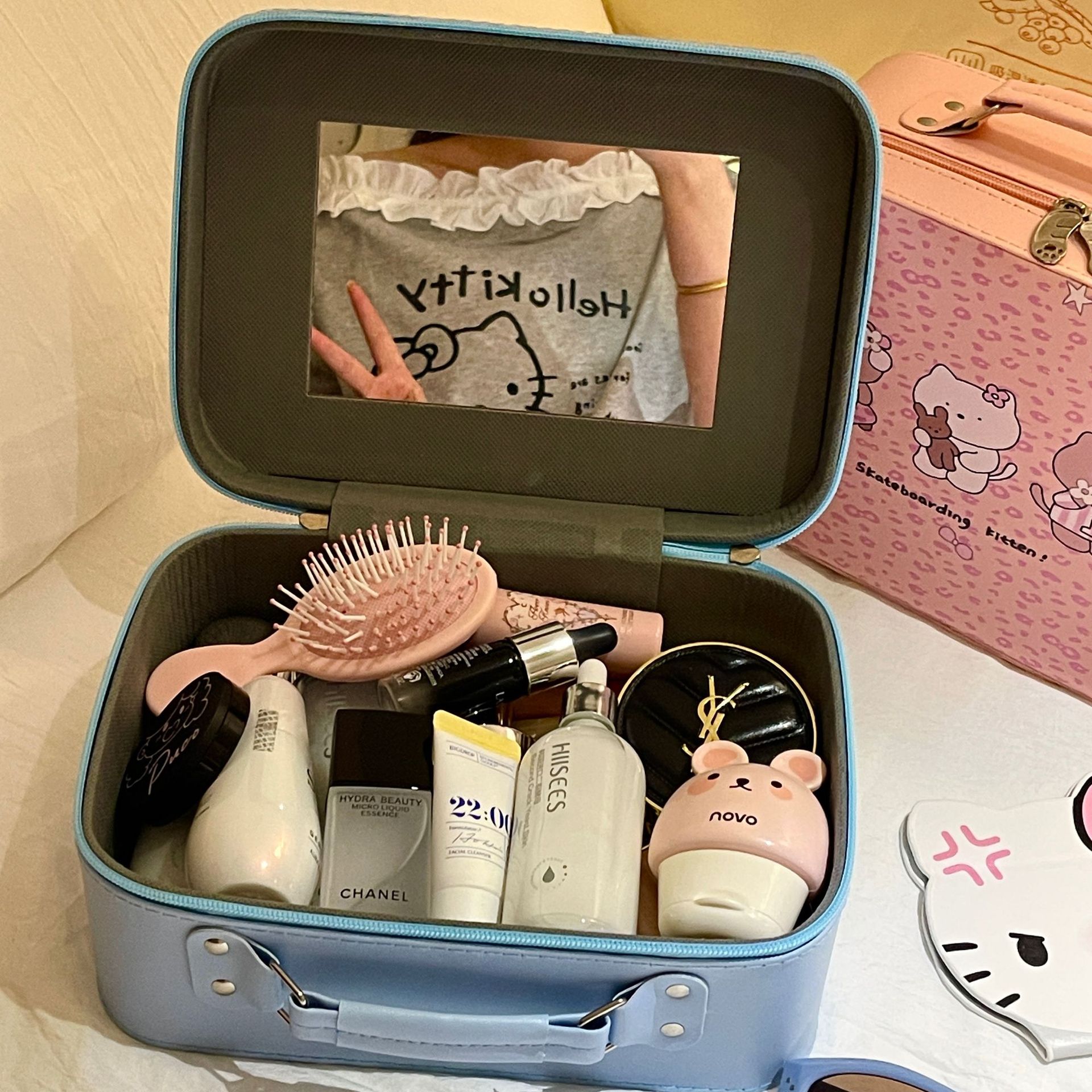 Leopardo gatito bolsa de maquillaje portátil linda gran capacidad portátil espejo impermeable caja de almacenamiento de productos de cuidado de la piel