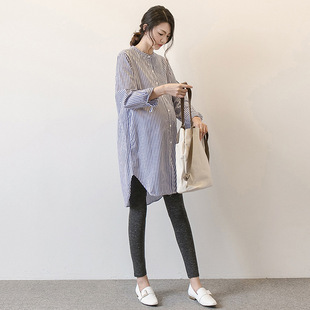 Maternity 2023 Spring New Striped Long-sleeved Shirt Dress Mid-length Slimming Professional Shirt