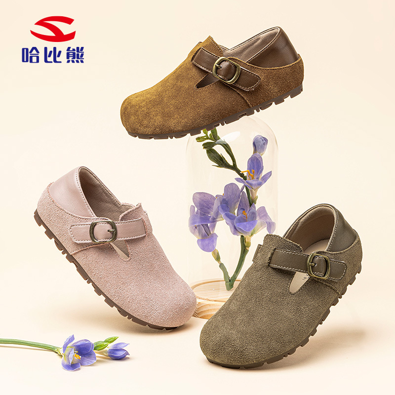 Habib Bear Girls' Birkenstock Shoes, Small Leather Shoes, Spring & Fall Shallow Mouth Fashionable Soft-Soled Cow Suede Flats, Leather Shoes Factory Direct Sales