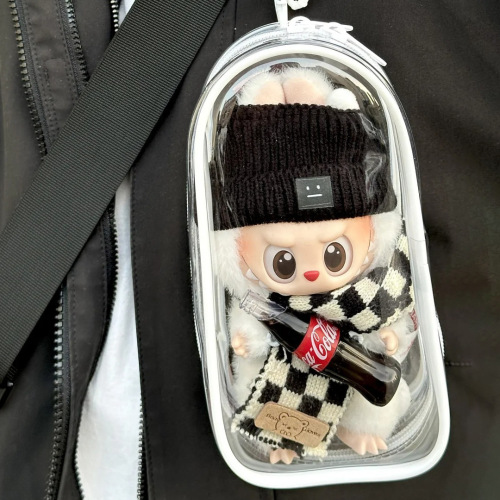 Labubu Coca-Cola enameled stroller toy, Labubu sits, party cotton doll storage bag, high-definition and thickened