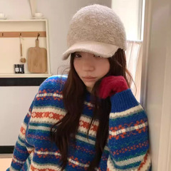 韩系博主保暖显脸小鸭舌帽女秋冬复古休闲宽帽檐软顶针织羊毛帽子