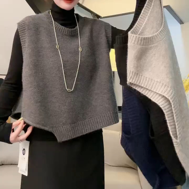 2025新款不规则设计圆领针织马甲女休闲气质减龄无袖坎肩马夹上衣|undefined
