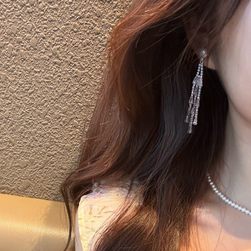 精工款奢华锆石天然淡水珍珠耳环女高级感小众气质流苏满钻耳饰|undefined