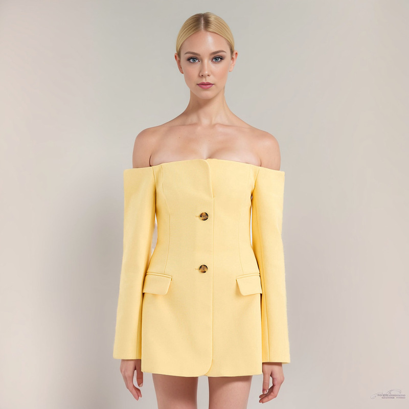 in stock Design off-shoulder Collar Goose Yellow Suit Jacket Women's Slim-fit Single-breasted Mid-length Jacket Chunxin