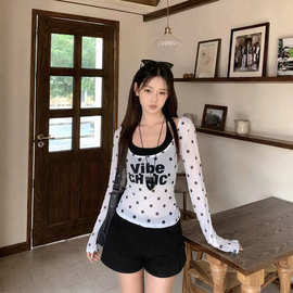 美式辣妹挂脖吊带波点罩衫长袖t恤女早秋两件套修身显瘦微透上衣