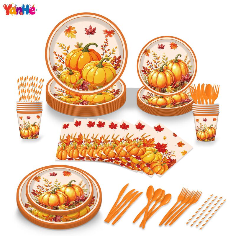 Autumn Thanksgiving Pumpkin Maple Leaf Theme Party Paper Plate Paper Cup Paper Towel Set Disposable Birthday Party Decoration