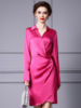Rose red acetic acid dress with pleats and waistband， unique long sleeved shirt skirt