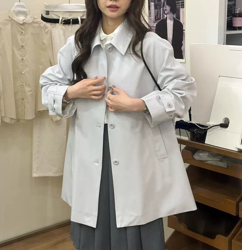 不退不换2025秋季新款韩版宽松纯色显瘦翻领单排扣中长款风衣外套|undefined