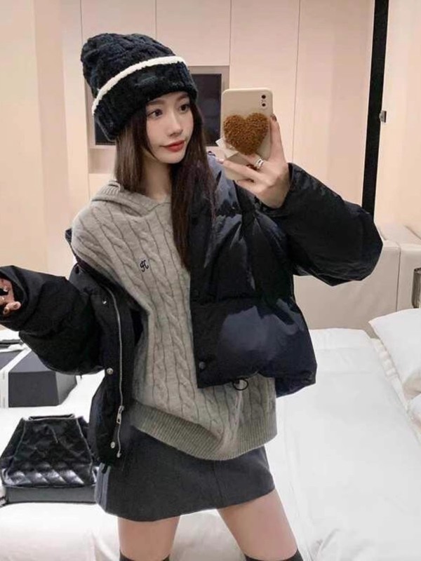 麻花套头连帽针织衫毛衣女灰色时尚宽松慵懒风小香风外套刺绣上衣|undefined