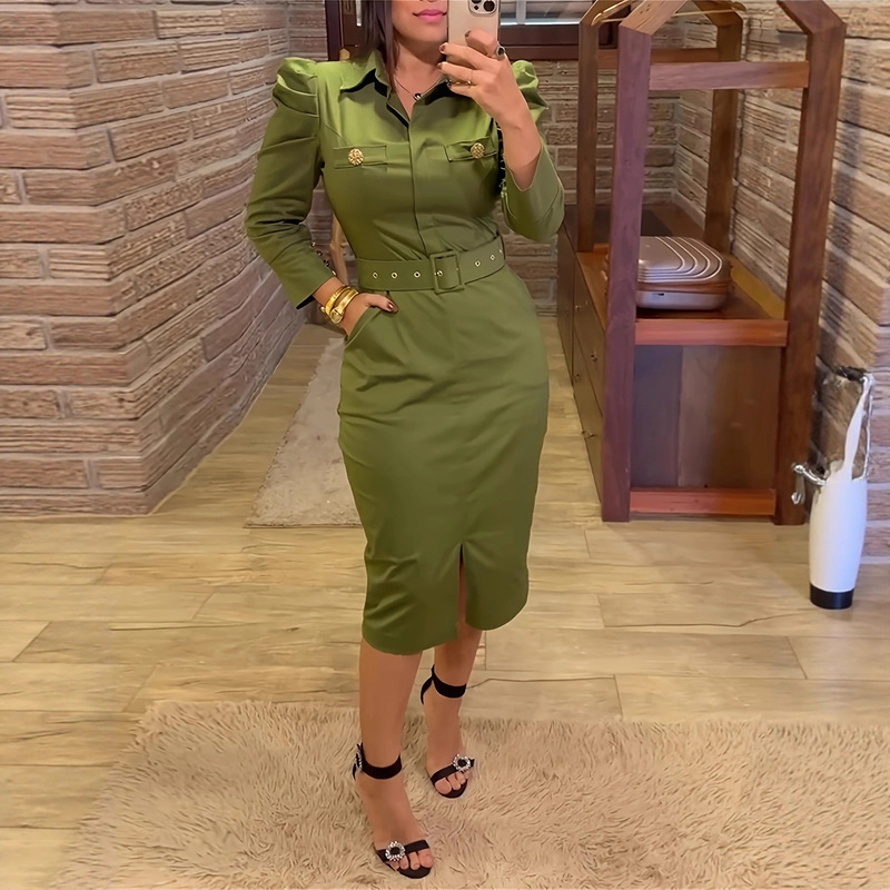 Spot Polo Collar Long-Sleeved Shirt Dress Women's Summer Slim Elegant Tight Mid-Length Workwear Hip-Covering