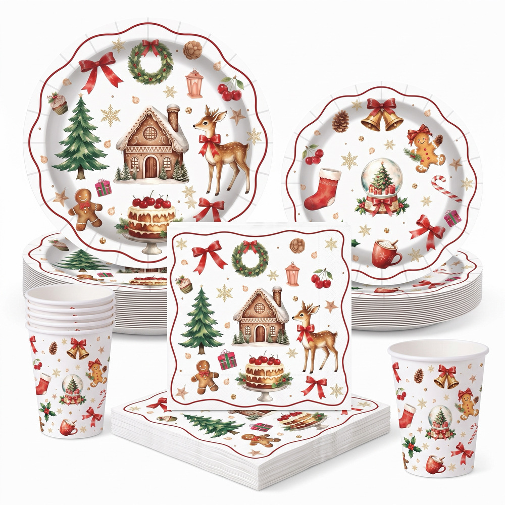 Retro fairy tale Christmas party set gingerbread house reindeer disposable paper plates paper cups napkins holiday tableware