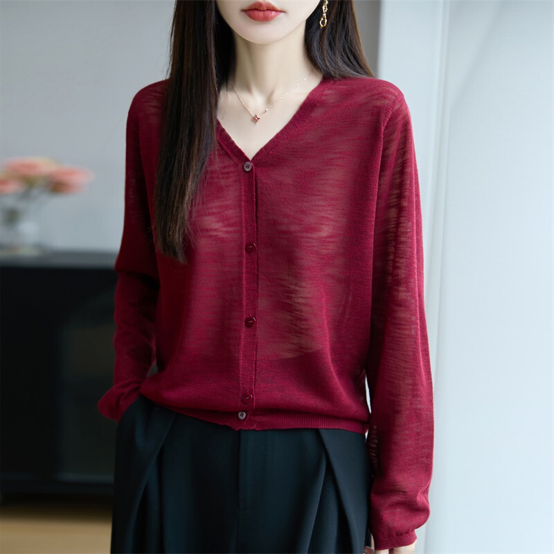 2025 New Summer Style Bamboo Linen V Neck Knitted Cardigan Long-Sleeved Women's Thin Pure Color Loose and Versatile Sun Protection Shirt