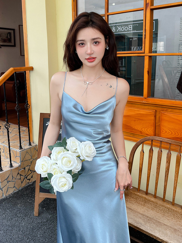 真丝多巴胺吊带连衣裙女夏内搭中长款缎面醋酸设计感修身长裙|undefined
