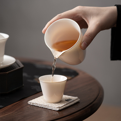 羊脂玉白瓷功夫茶具配件公道杯茶海手绘青花描金过滤组茶道分茶器
