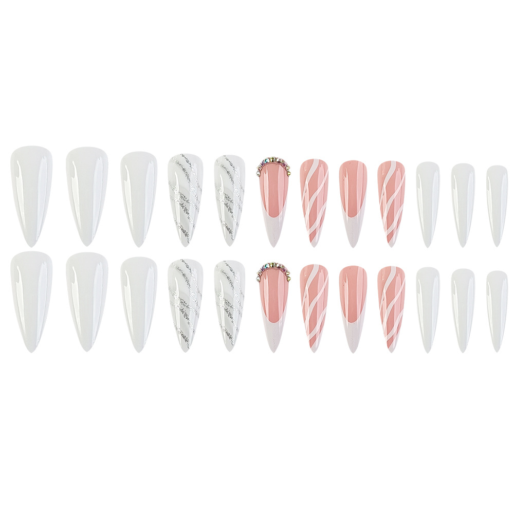 Parches de uñas postizas de moda europea y americana, parches de uñas postizas francesas a cuadros, manicura larga rosa con forma de gota de agua