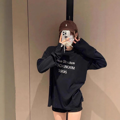 胖mm美式复古长袖大码t恤女宽松打底衫设计感字母百搭早秋季上衣