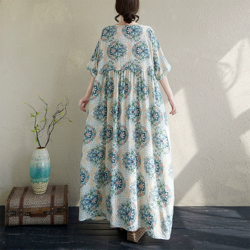 Летнее длинное платье, oversize, плюс размер, хлопок и лён, круглый ворот