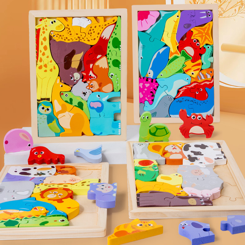 Bebé y niños pequeños Tarjeta de bloque de madera rompecabezas tridimensional rompecabezas bebé animal bloques de construcción cognitiva juguete de educación temprana