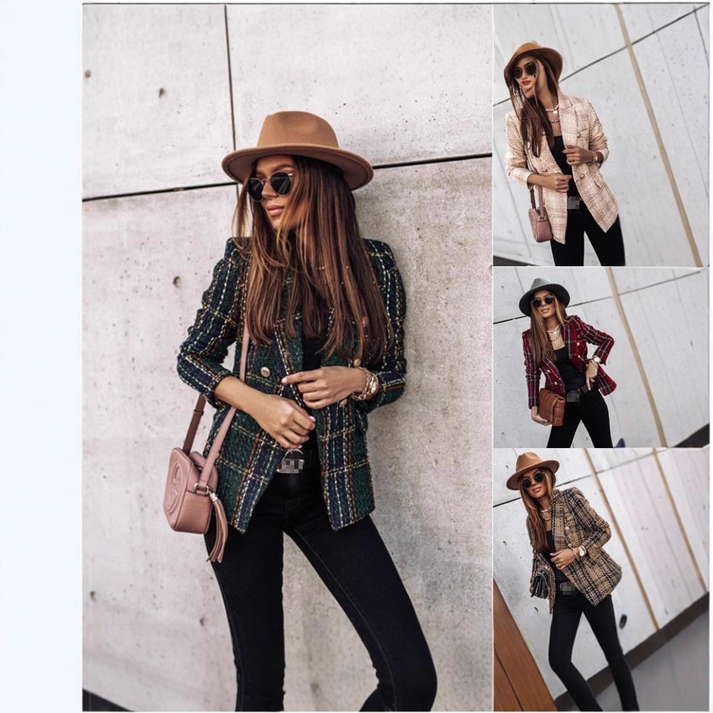 2025亚马逊独立站wish新款 秋冬长袖双排扣西装领印花小外套女装