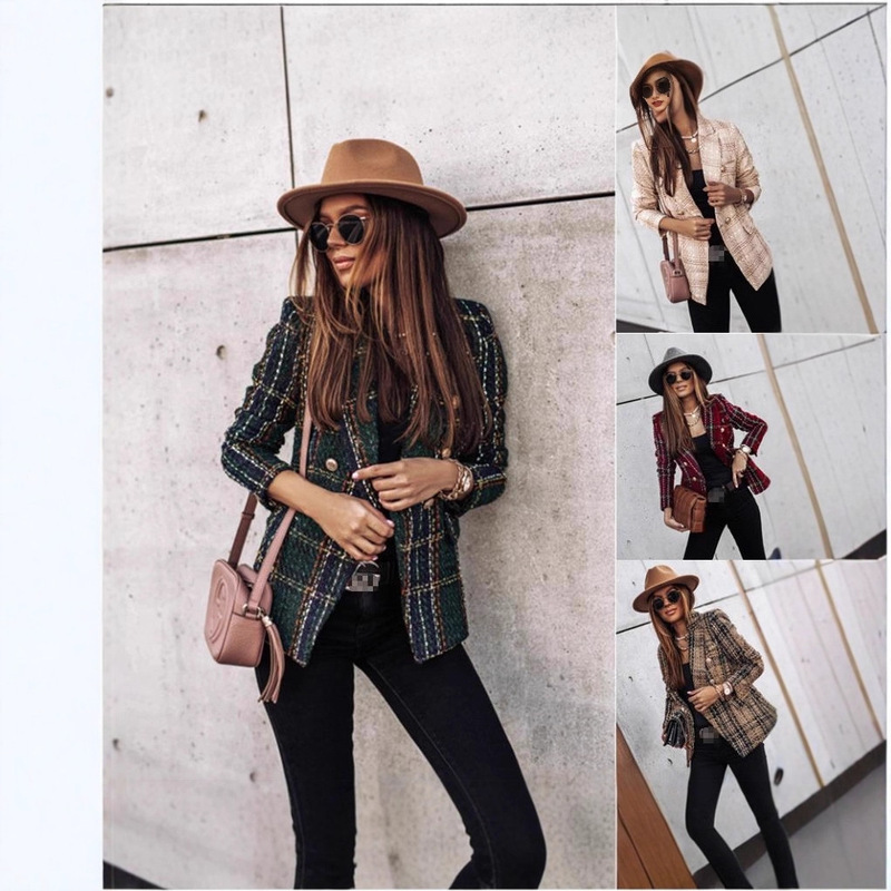2025 Amazon Independent Station Wish New Autumn and Winter Long-Sleeved Double-Breasted Suit Collar Printed Small Jacket for Women