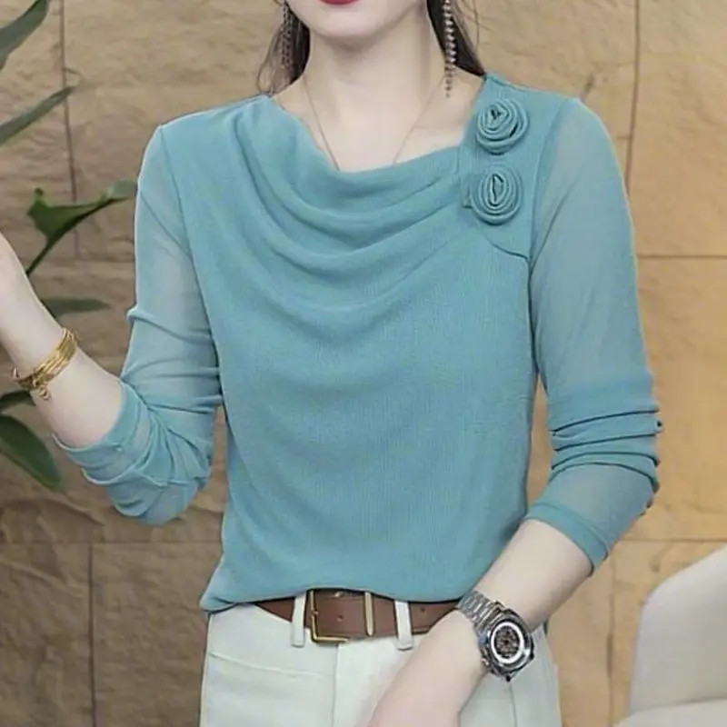 Fashionable lightweight mesh long-sleeved T-shirt for women, new style for spring and autumn, chic and slim fit, turtleneck, youthful and unique top.