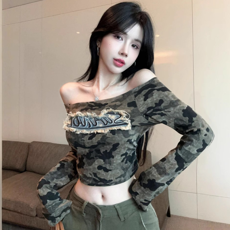 Ins Pure Desire Sexy Sexy Camouflage Long-Sleeved T-Shirt Women's Autum Bottoming One-Line Collar Short Bottoming Shirt Top Women's Trendy Ins Pure Desire Sexy Sexy Camouflage Long-Sleeved T-Shirt Women's Autum Bottoming One-Line Collar Short Bottoming Shirt Top Women's Trendy