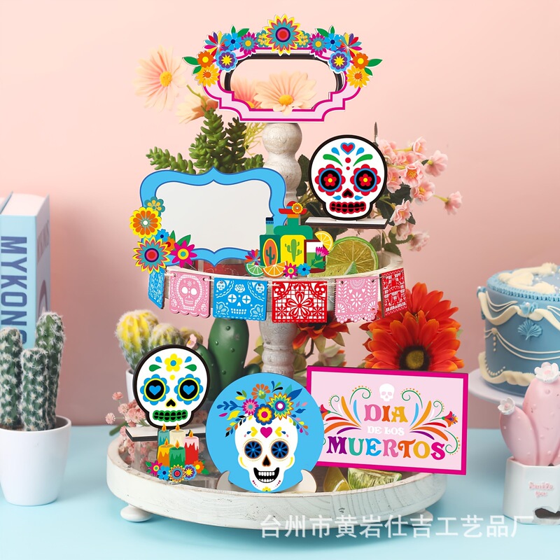 Mexican 14-Piece Day of the Dead Tiered Tray Decorations Sugar Skulls Wooden Table Signs Wreaths Photo Frame Ornaments Mexican 14-Piece Day of the Dead Tiered Tray Decorations Sugar Skulls Wooden Table Signs Wreaths Photo Frame Ornaments