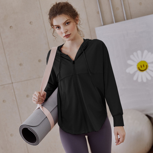 Loose yoga jacket, women's hooded zipper cardigan, thin long-sleeved sports top, sun protection clothing, slimming fitness clothing