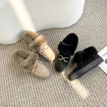 真皮毛毛鞋女冬季新款豆豆鞋女棉鞋加绒加厚软底防滑保暖黑色棉靴