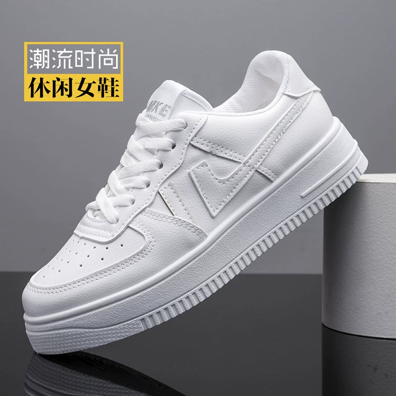 Женская Белая обувь, осень 2022, простая повседневная обувь с круглым носком из искусственной кожи на толстой подошве, новая женская обувь, женские спортивные кроссовки