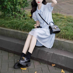 ブルーフレンチシャツドレス2025夏の新しい気質ドレス女性用