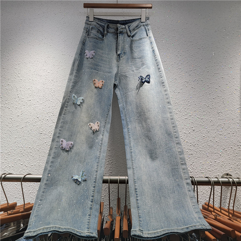 Jeans de Pierna Ancha y Tiro Alto para Mujer con Bordado de Mariposa 3D image 1