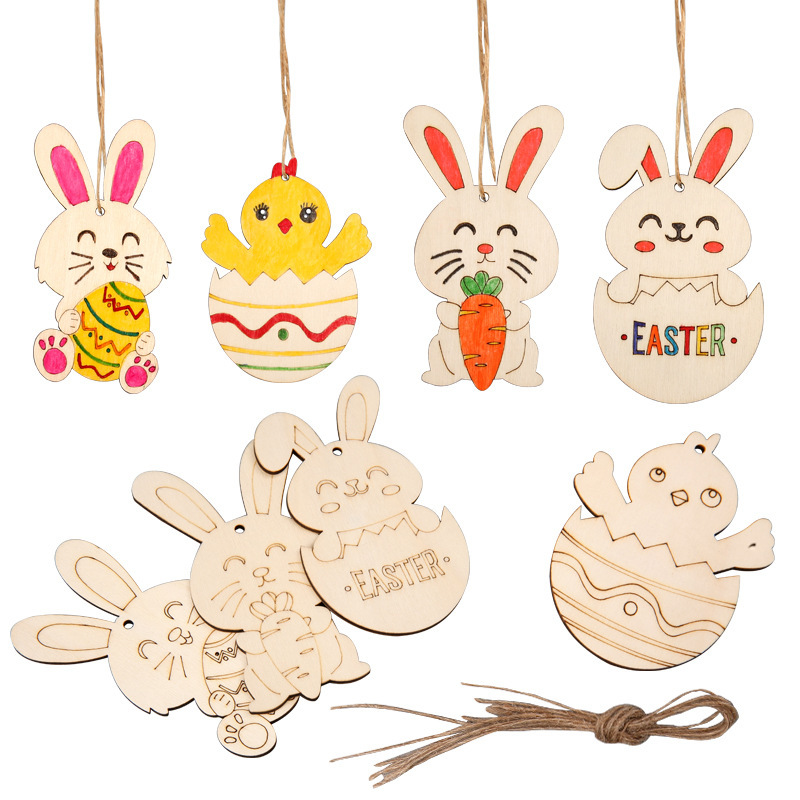Easter Wood Decorative Pendant DIY Party Wooden Christmas Decorative Wooden Bunny Egg Hanging