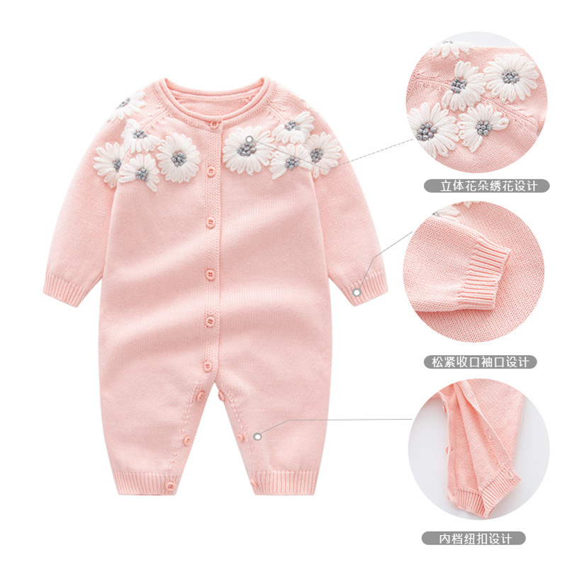 婴儿针织哈衣冬装宝宝连体衣保暖手工刺绣甜美新生儿衣服毛线爬服