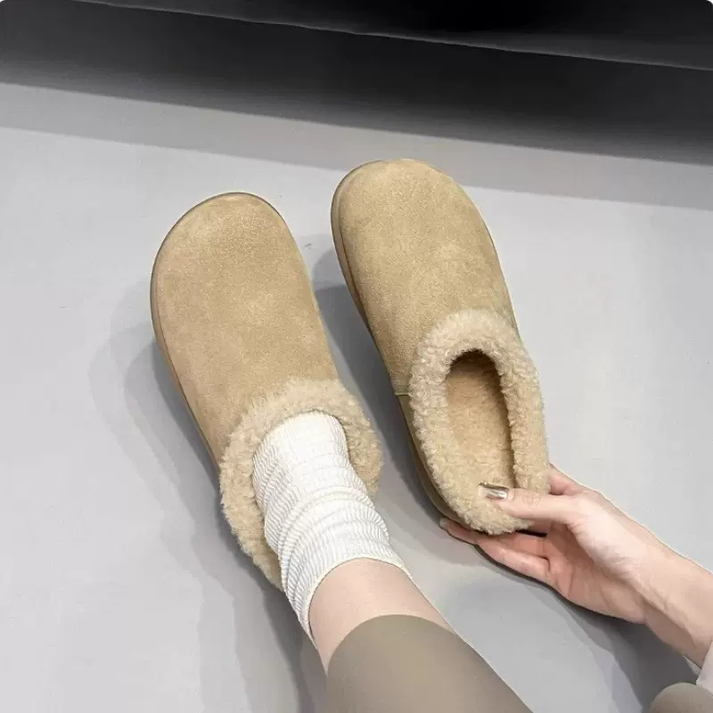 小土豆~厚底牛皮勃肯鞋女加绒毛毛鞋保暖一脚蹬勃肯半拖秋冬棉鞋