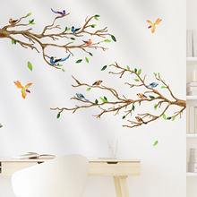跨境批发自粘彩色树枝小鸟墙贴个性创意卧室装饰贴画文艺涂鸦墙画