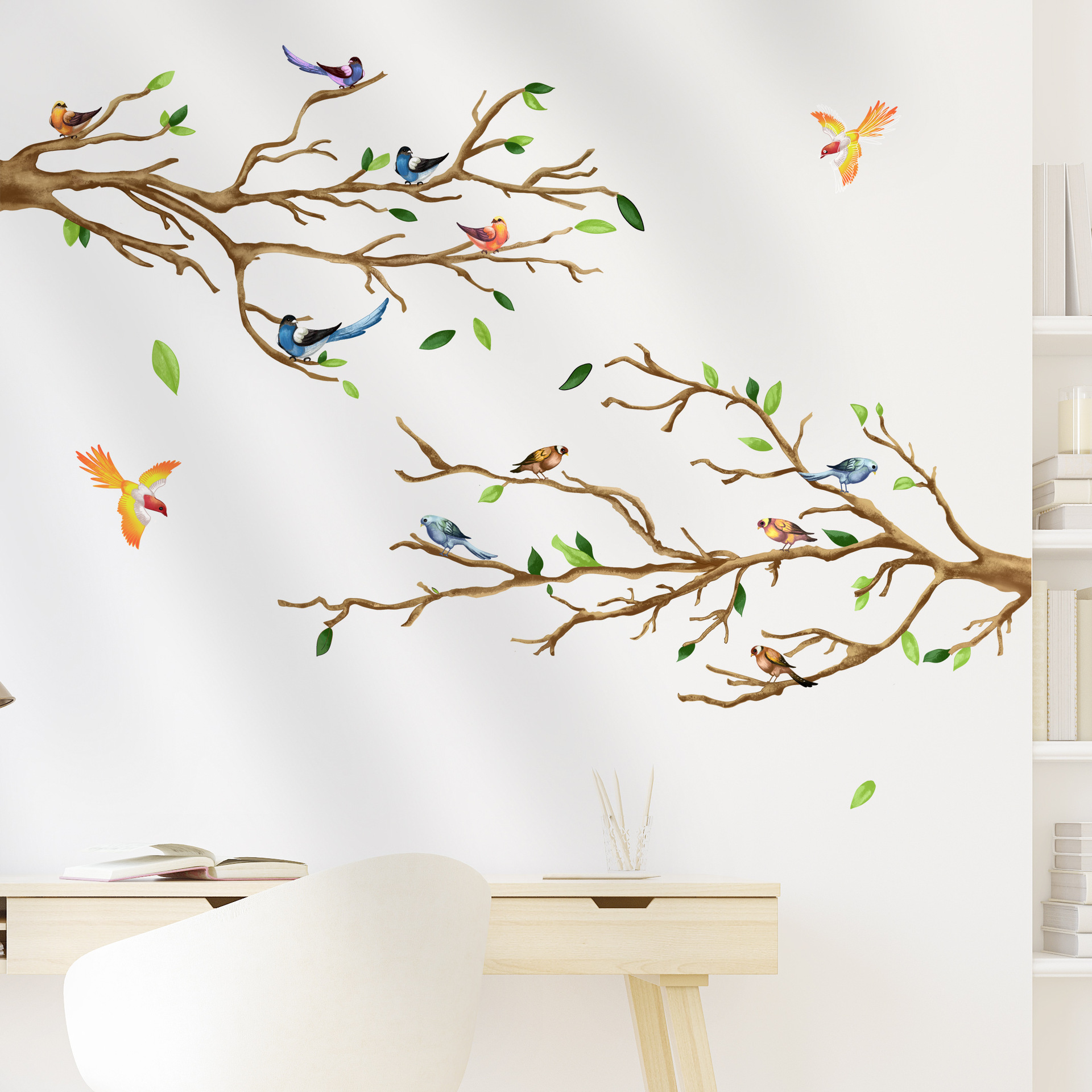 跨境批发自粘彩色树枝小鸟墙贴个性创意卧室装饰贴画文艺涂鸦墙画