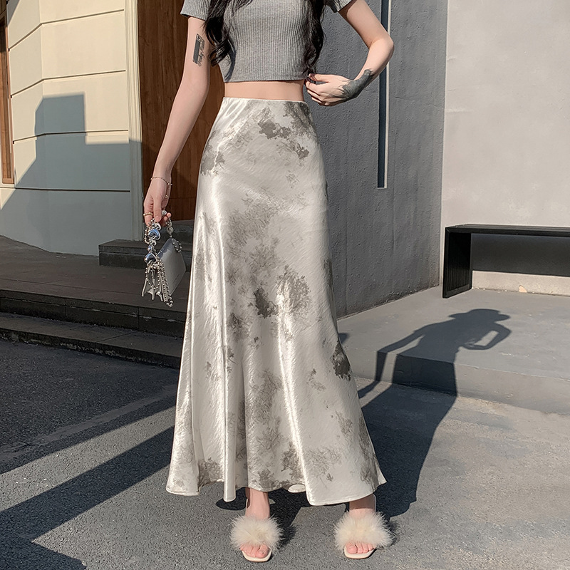 Gilt Satin Tie-Dye Chinoiserie Ink Fishtail Skirt Spring and Summer Hip-Hugging Long Skirt New Chinoiserie Skirt